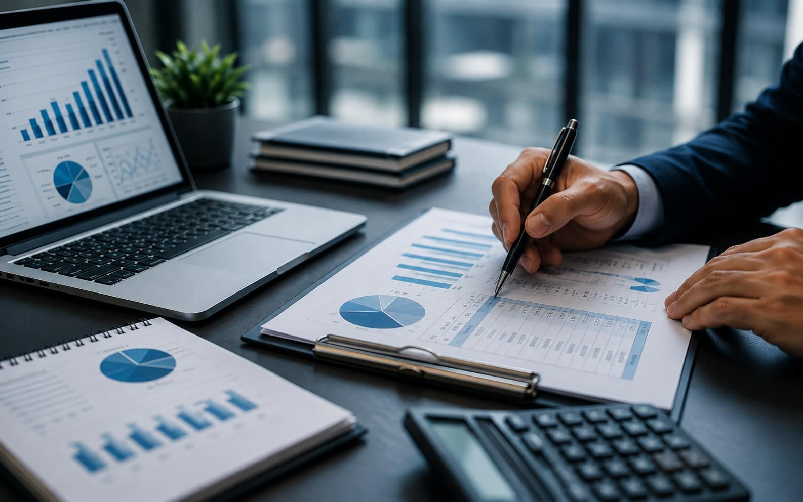 Hands annotating printed bar and pie charts with a pen, beside a laptop and calculator.