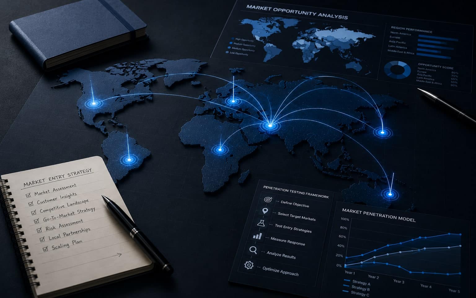 A world map with glowing arcs to target markets, beside a market entry checklist.